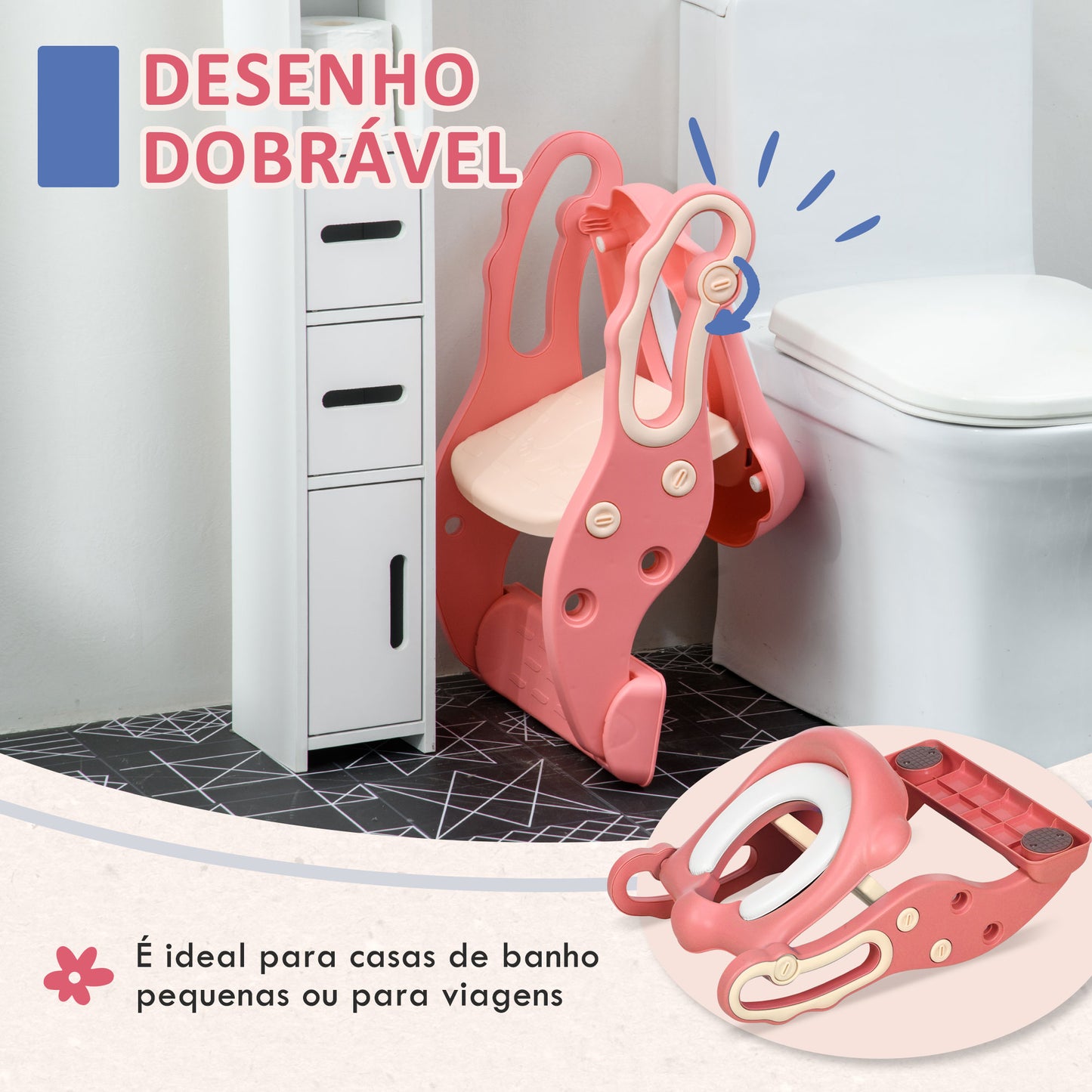 ZONEKIZ Redutor Sanita com Escada Adaptador Sanita para Crianças de 2-6 Anos Dobrável Ajustável Redutor de Aprendizagem para Casa de Banho com Escada Antiderrapante 67,9x42,8x51,5 cm Rosa