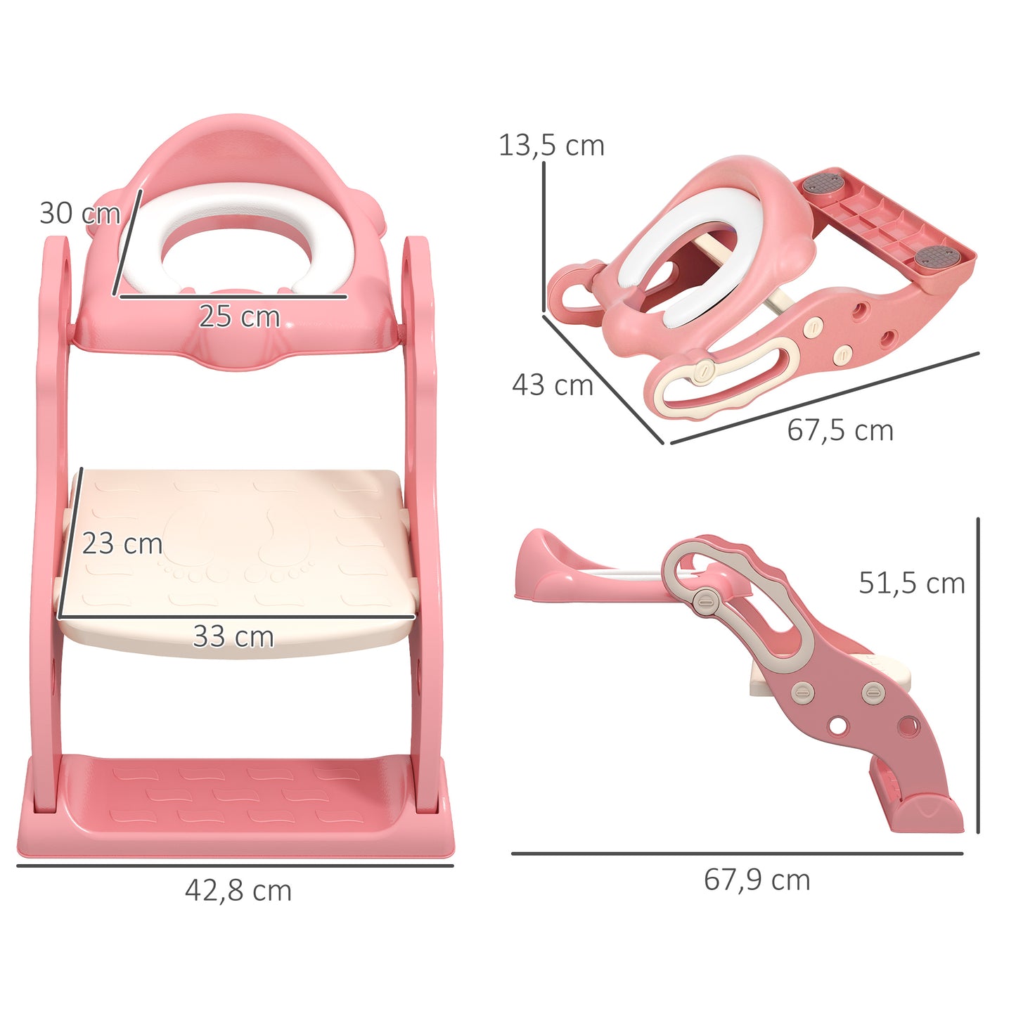 ZONEKIZ Redutor Sanita com Escada Adaptador Sanita para Crianças de 2-6 Anos Dobrável Ajustável Redutor de Aprendizagem para Casa de Banho com Escada Antiderrapante 67,9x42,8x51,5 cm Rosa