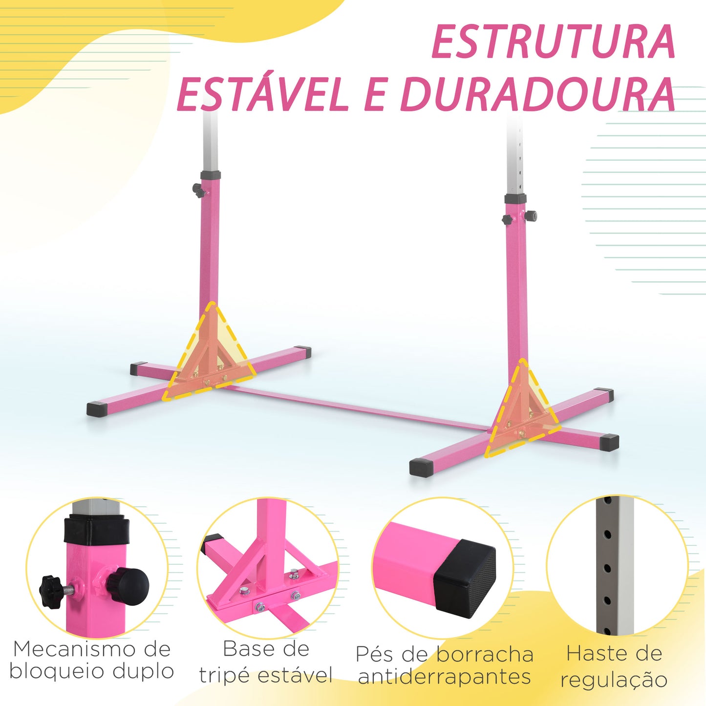 HOMCOM Barra de Ginástica para Crianças acima de 3 Anos Barra de Treino com Altura Ajustável 92-150 cm Barra Horizontal de Ginástica Carga 75 kg 197x121x150 cm Rosa