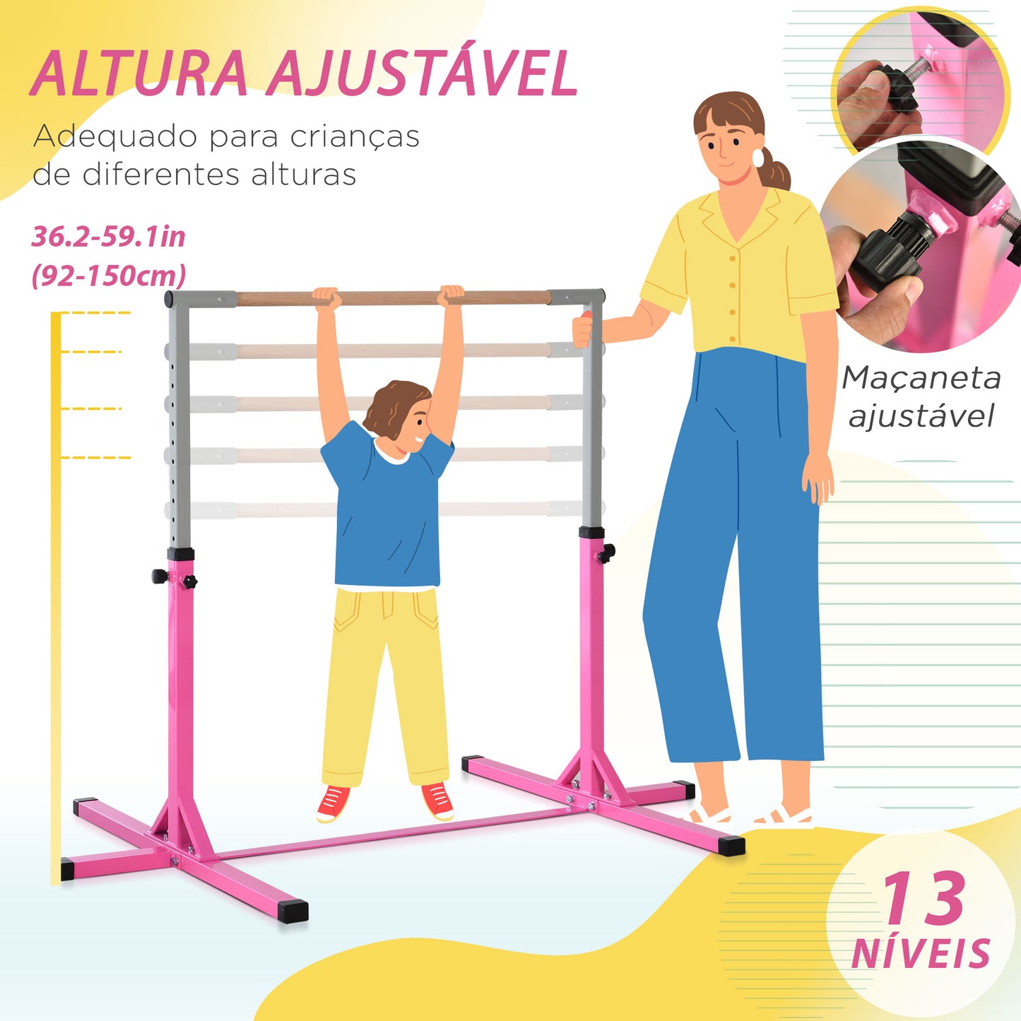 HOMCOM Barra de Ginástica para Crianças acima de 3 Anos Barra de Treino com Altura Ajustável 92-150 cm Barra Horizontal de Ginástica Carga 75 kg 197x121x150 cm Rosa