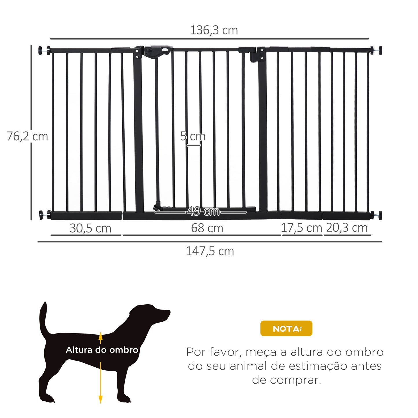 PawHut Barreira de Segurança Extensível para Portas e Escadas Barreira de Segurança Cães com Fechamento Automático e Sistema de Duplo Bloqueio Metal 74-147,5x76,2 cm Preto