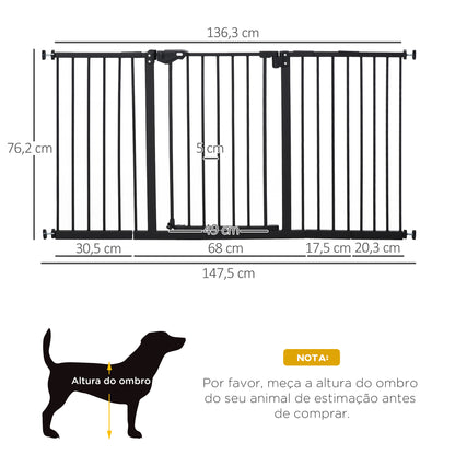 PawHut Barreira de Segurança Extensível para Portas e Escadas Barreira de Segurança Cães com Fechamento Automático e Sistema de Duplo Bloqueio Metal 74-147,5x76,2 cm Preto