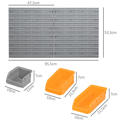 DURHAND Prateleira de Parede Organizador de Ferramentas Prateleiras de Armazenamento com 28 Caixas Empilháveis e Diferentes Ganchos 95,5x22,5x53,5 cm Cinza e Laranja