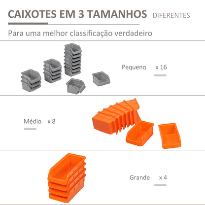 DURHAND Prateleira de Parede Organizador de Ferramentas Prateleiras de Armazenamento com 28 Caixas Empilháveis e Diferentes Ganchos 95,5x22,5x53,5 cm Cinza e Laranja