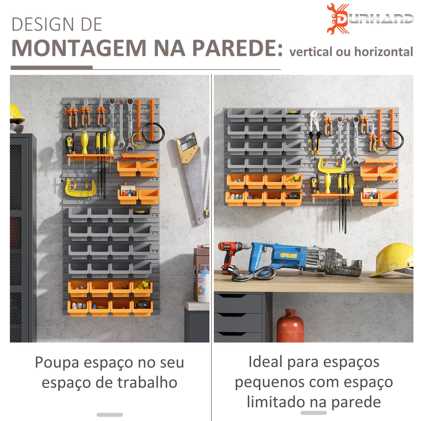 DURHAND Prateleira de Parede Organizador de Ferramentas Prateleiras de Armazenamento com 28 Caixas Empilháveis e Diferentes Ganchos 95,5x22,5x53,5 cm Cinza e Laranja