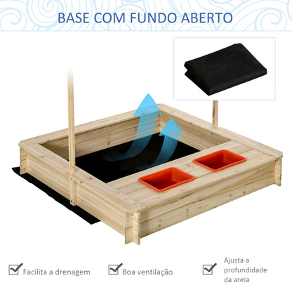 Outsunny Caixa de Areia Infantil de Madeira com Teto Inclinável Ajustável em Altura e 2 Bandejas Auxiliares Caixa de Areia de Jardim para Crianças acima de 3 Anos 118x118x118cm Natural e Vermelho