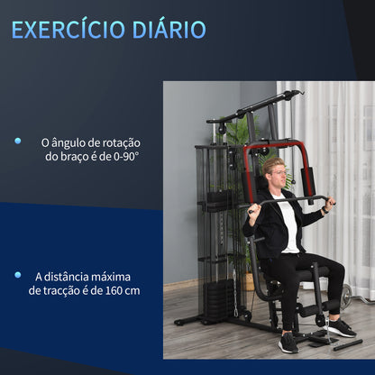 HOMCOM Multi Estação de Musculação com Estribo para Pernas Placas de Peso de 45kg Carga Máxima 120kg para Treinamento Fitness em Casa Academia 150x110x210cm Preto