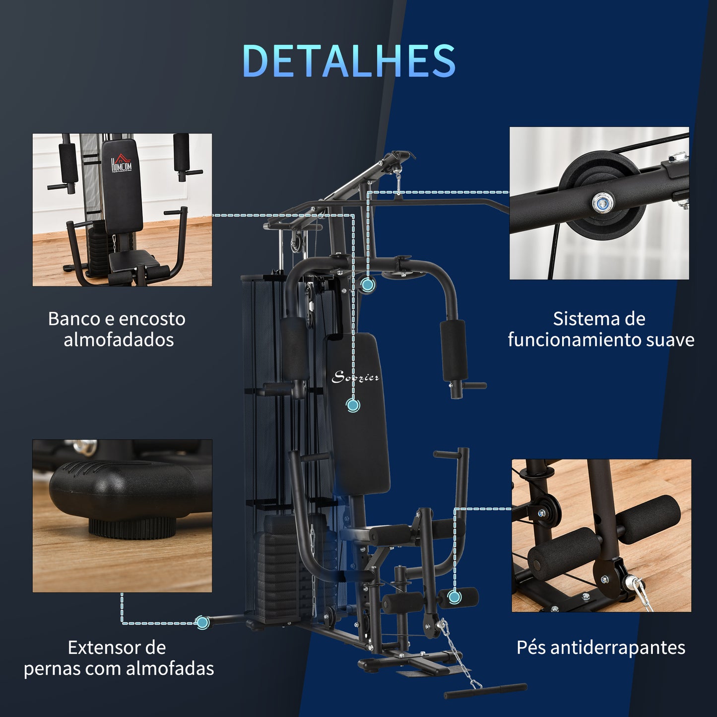 HOMCOM Multi Estação de Musculação com Estribo para Pernas Placas de Peso de 45kg Carga Máxima 120kg para Treinamento Fitness em Casa Academia 150x110x210cm Preto