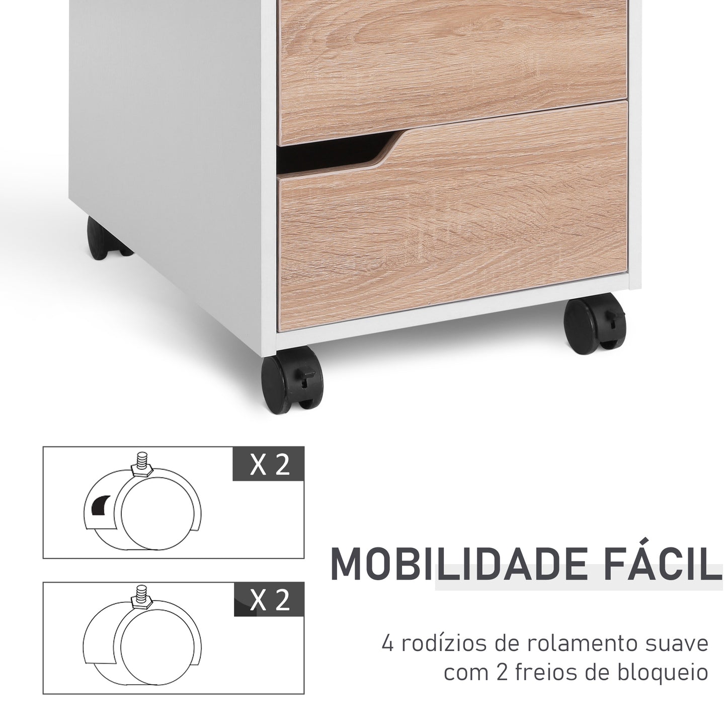 HOMCOM Bloco de Gavetas Arquivo Móvel para Escritório Madeira 3 Gavetas Com Rodinhas (2 delas com Travão) 40x50x57,5 cm MDF Carvalho e branco