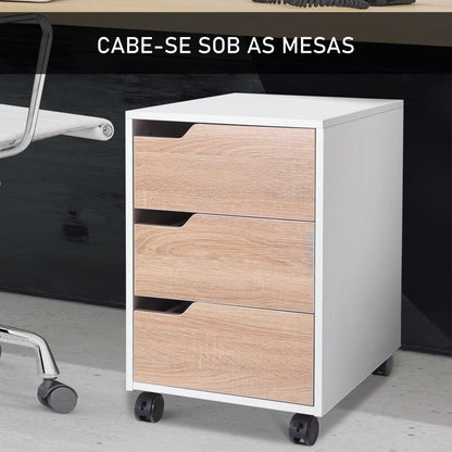 HOMCOM Bloco de Gavetas Arquivo Móvel para Escritório Madeira 3 Gavetas Com Rodinhas (2 delas com Travão) 40x50x57,5 cm MDF Carvalho e branco