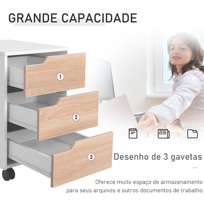 HOMCOM Bloco de Gavetas Arquivo Móvel para Escritório Madeira 3 Gavetas Com Rodinhas (2 delas com Travão) 40x50x57,5 cm MDF Carvalho e branco