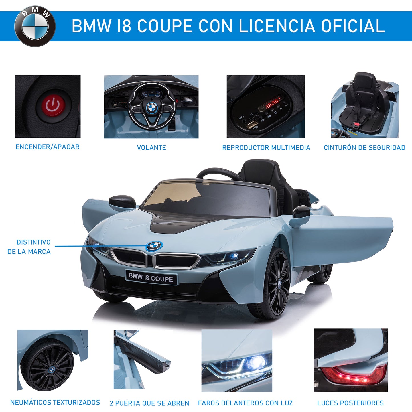 HOMCOM Carro elétrico BMW I8 COUPE com licença para crianças de +3 anos Bateria 6V Controle Remoto e Manual com Buzina Música MP3 e Faróis 115x72,5x46 cm Azul