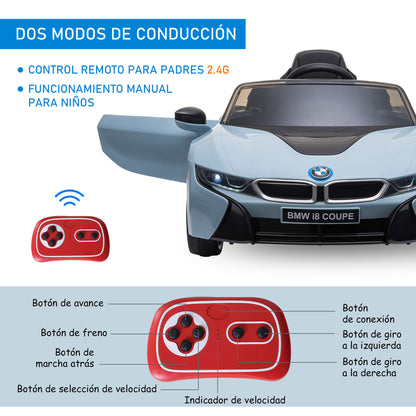 HOMCOM Carro elétrico BMW I8 COUPE com licença para crianças de +3 anos Bateria 6V Controle Remoto e Manual com Buzina Música MP3 e Faróis 115x72,5x46 cm Azul