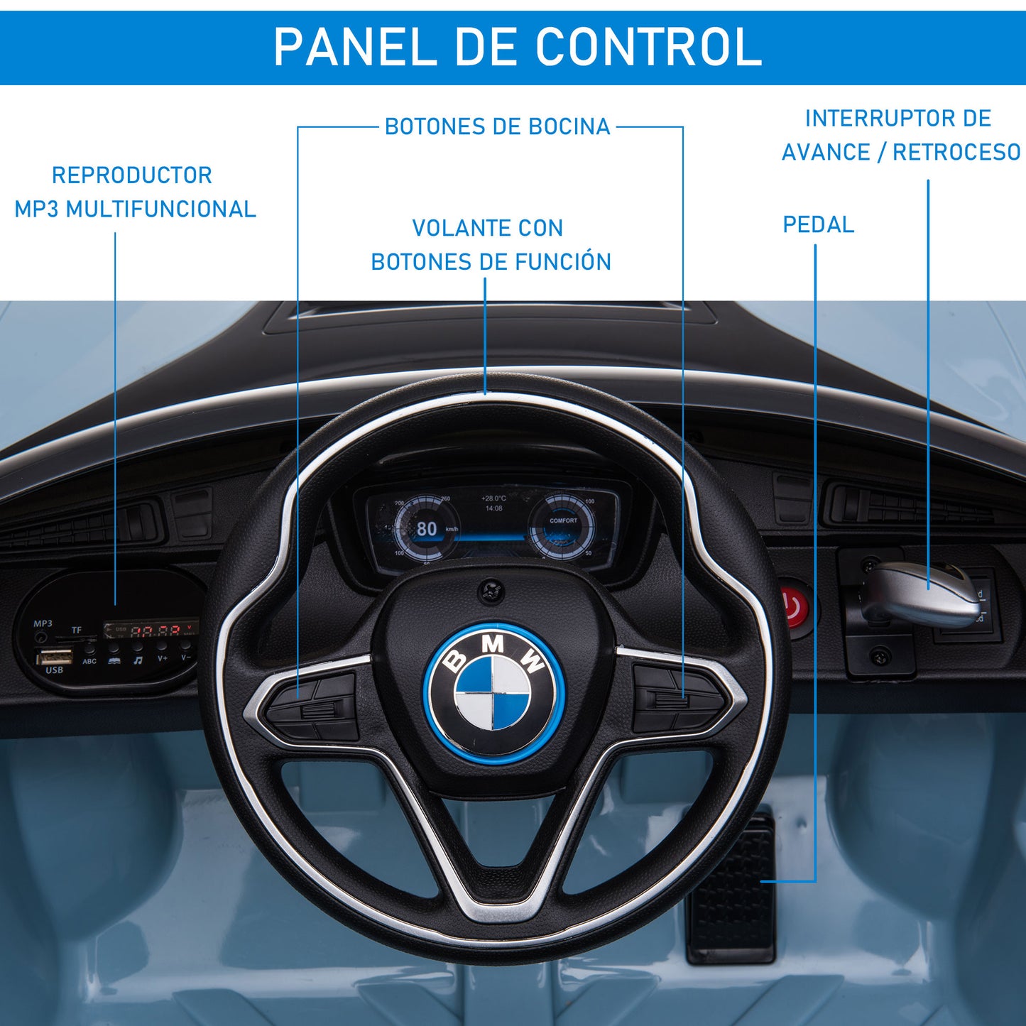 HOMCOM Carro elétrico BMW I8 COUPE com licença para crianças de +3 anos Bateria 6V Controle Remoto e Manual com Buzina Música MP3 e Faróis 115x72,5x46 cm Azul