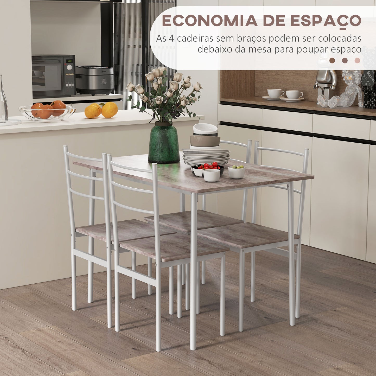 HOMCOM Conjunto de Refeição 5 Peças Conjunto de Mesa e 4 Cadeiras para 4 Pessoas com Estrutura de Aço para Cozinha Restaurante 110x70x75 cm Madeira e Branco