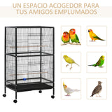 PawHut Gaiola para Pássaros com 4 Rodas Gaiola para Pássaros Metálica com Múltiplas Portas 4 Comedouros Bebedouro 2 Poleiros e Bandeja para Louros Canários Periquitos 79x52x137cm Preto