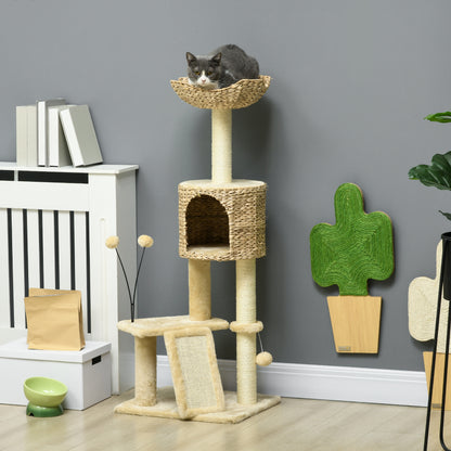 PawHut Arranhador para Gatos de 116 cm Torre para Gatos com Postes para Arranhar Cama Caverna de Taboa Rampa e Bolas 45x40x116 cm Bege