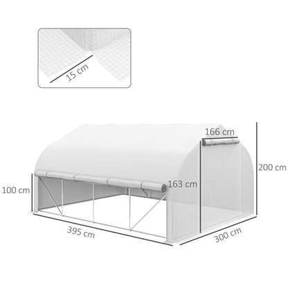 Outsunny Estufa Tipo Túnel 395x300x200 cm com Porta de Malha e 8 Janelas Estufa de Jardim com Porta e Janelas Enroláveis e Cobertura de PE para Cultivos de Plantas Verduras Branco