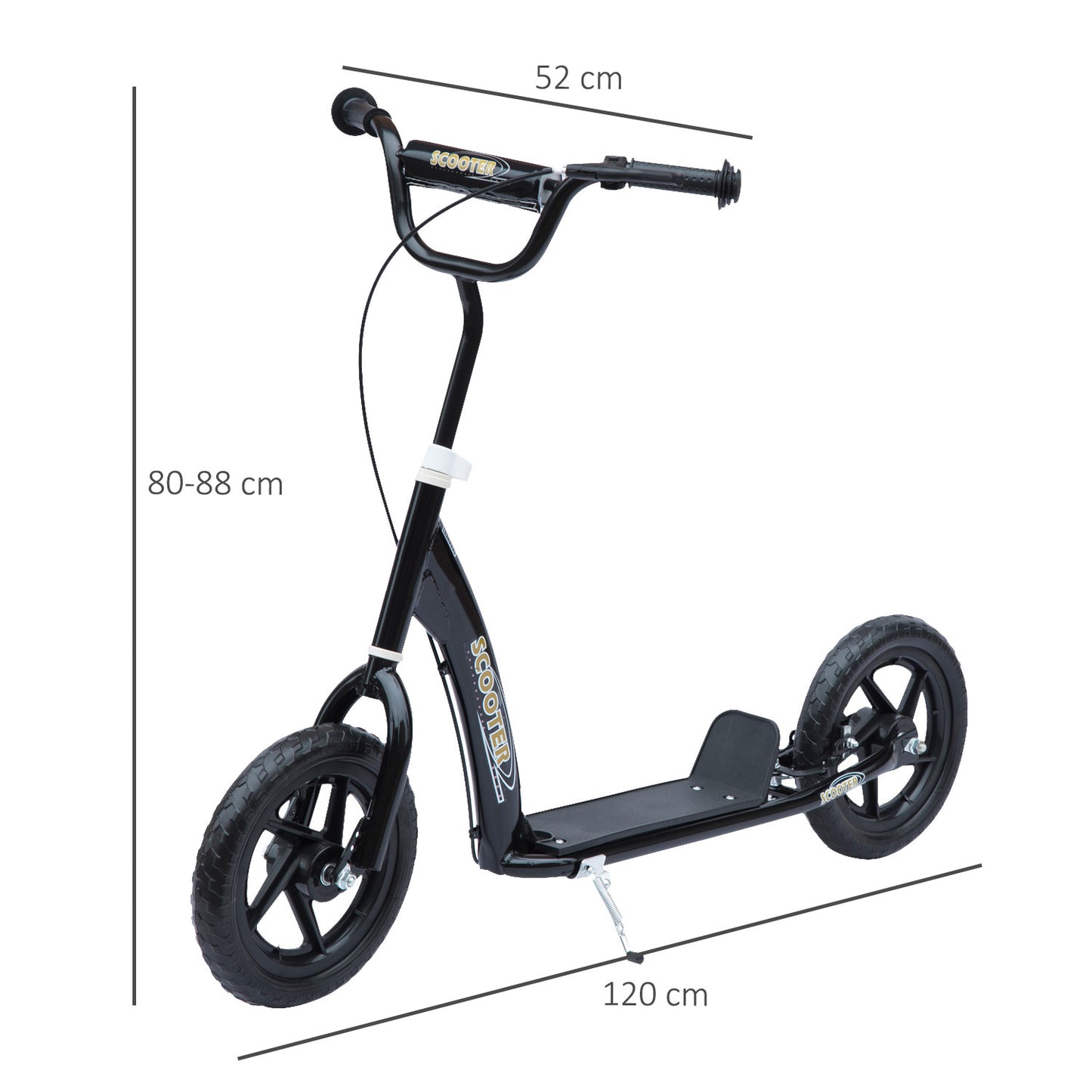 HOMCOM Trotinete para Crianças acima de 5 anos Scooter de 2 Rodas Grandes de 12 Polegadas com Freio e Guidão Ajustável em Altura Carga Máx. 100kg 120x52x80-88cm Preto