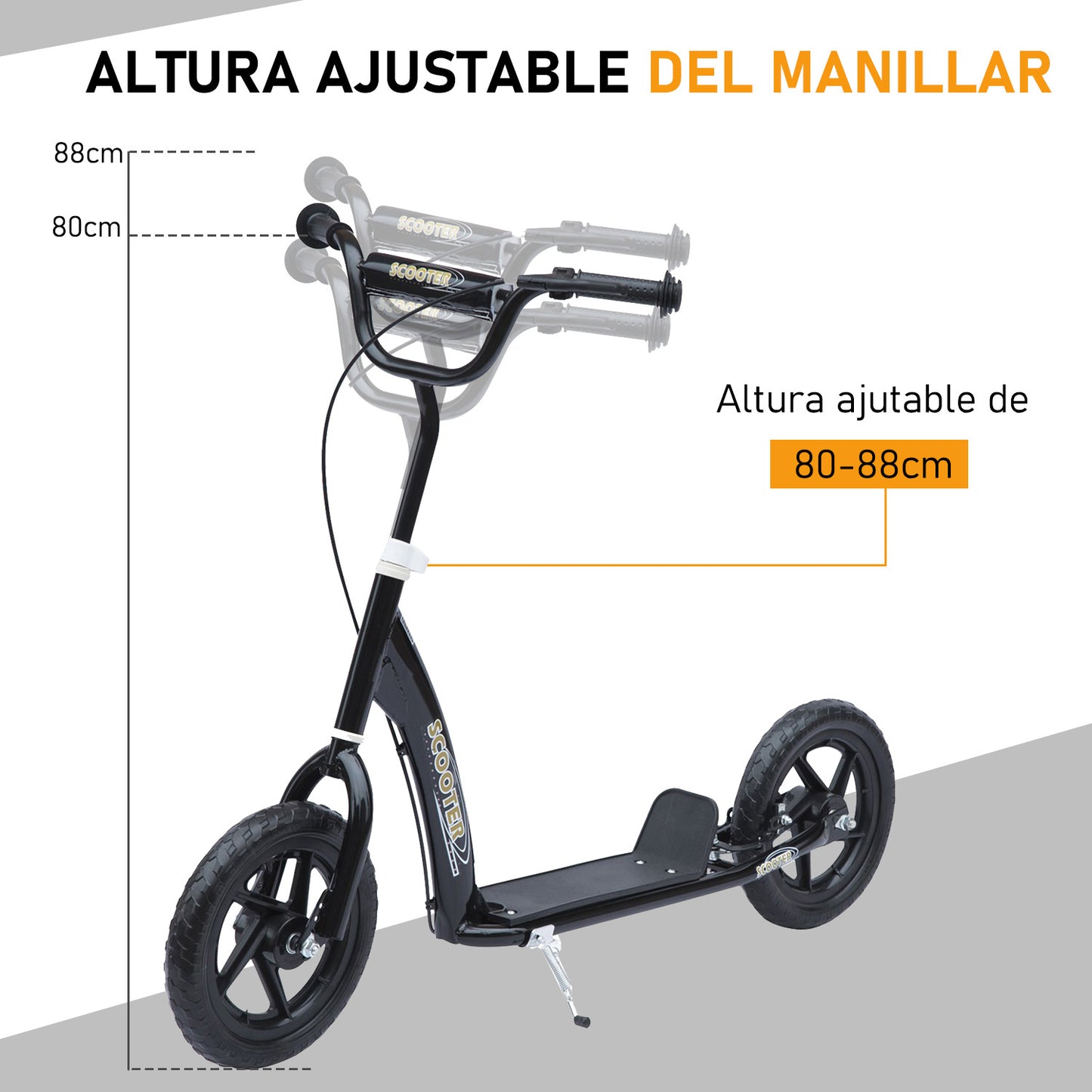 HOMCOM Trotinete para Crianças acima de 5 anos Scooter de 2 Rodas Grandes de 12 Polegadas com Freio e Guidão Ajustável em Altura Carga Máx. 100kg 120x52x80-88cm Preto