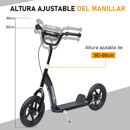 HOMCOM Trotinete para Crianças acima de 5 anos Scooter de 2 Rodas Grandes de 12 Polegadas com Freio e Guidão Ajustável em Altura Carga Máx. 100kg 120x52x80-88cm Preto