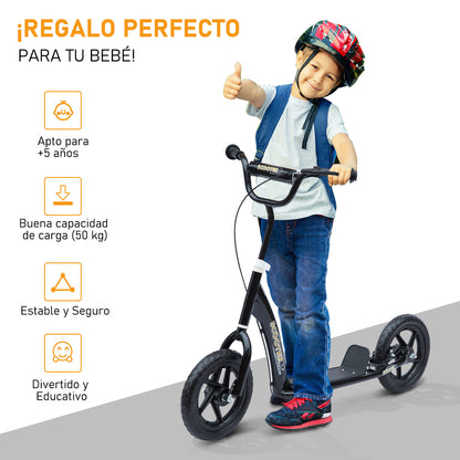 HOMCOM Trotinete para Crianças acima de 5 anos Scooter de 2 Rodas Grandes de 12 Polegadas com Freio e Guidão Ajustável em Altura Carga Máx. 100kg 120x52x80-88cm Preto