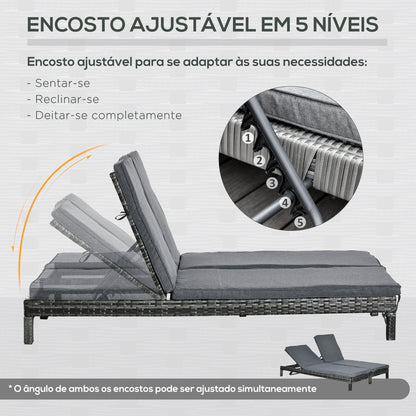 Outsunny Conjunto de Espreguiçadeiras Exterior de Vime 2 Lugares com Almofadas Acolchoadas Resistente à Água com Encosto Ajustável em 5 Níveis Suporta 220kg 195x120x28cm Cinza