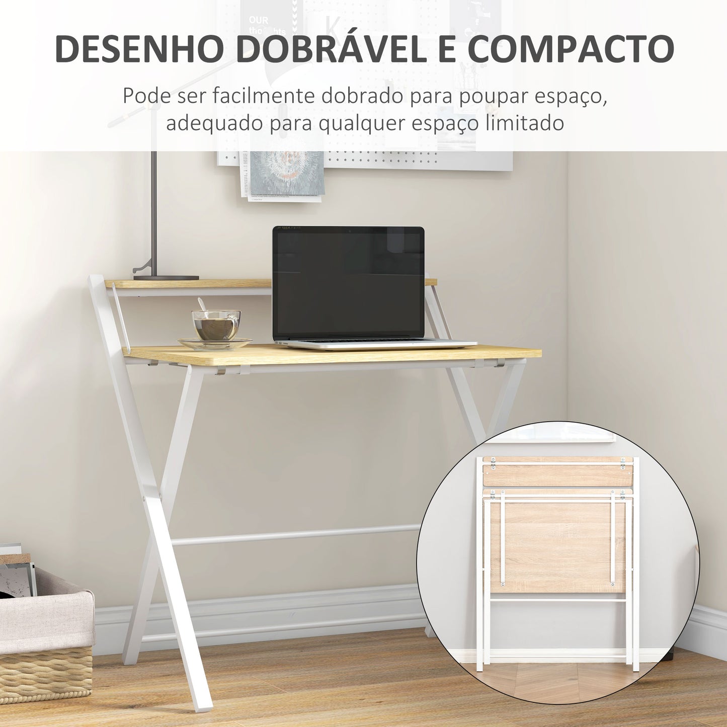 HOMCOM Secretária Dobrável Mesa de Estúdio com Prateleira Superior Estilo Moderno para Sala de Estar Escritório Dormitório 81,5x70x84 cm Madeira e Branco