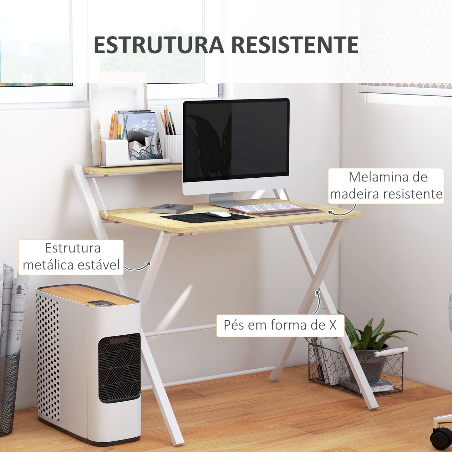 HOMCOM Secretária Dobrável Mesa de Estúdio com Prateleira Superior Estilo Moderno para Sala de Estar Escritório Dormitório 81,5x70x84 cm Madeira e Branco