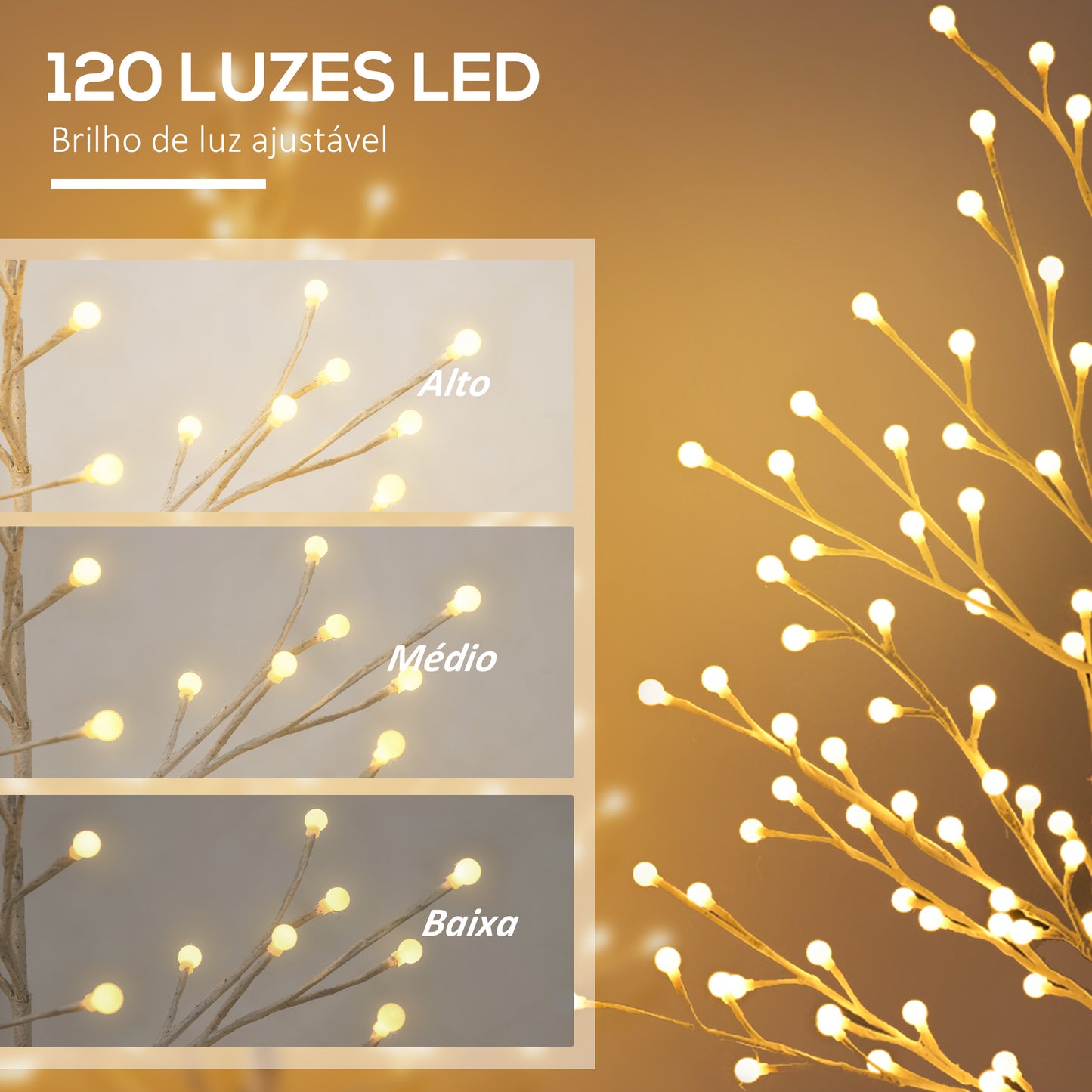 Árvore Sintética Altura 150cm com 120 Luzes LED IP44 Ajustável em 3 Modos Ramos Flexíveis e Base de Candeeiro Árvore de Decoração de Natal para Interiores 20x20x150cm Branco