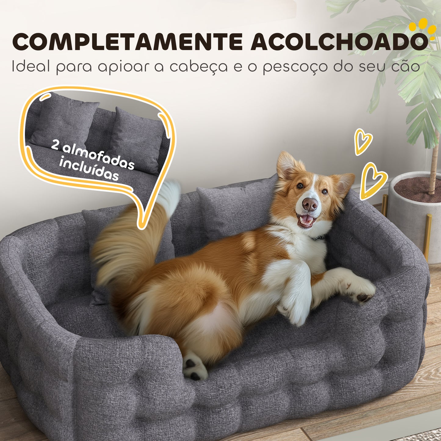 PawHut Cama para Cães Grandes Cama para Animais de Estimação com 2 Almofadas Cama para Cães com Base Antiderrapante Capa Amovível e Lavável 110x70x35 cm Cinza