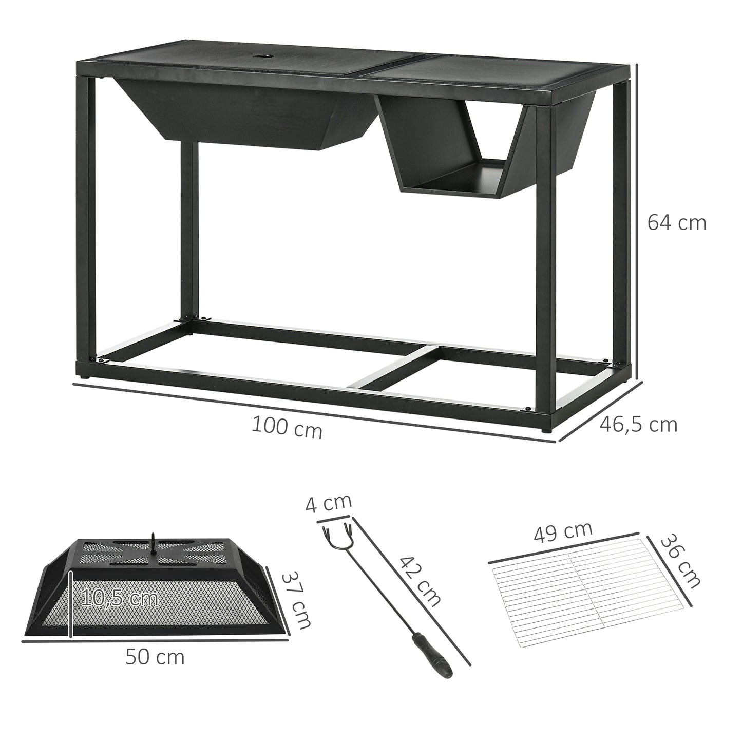 Outsunny Braseiro 4 em 1 de Aço Galvanizado para Jardim Barbecue a Lenha Cubo de Gelo Mesa de Jardim com Tampa Protetora de Faíscas e Atiçador 100x46,5x64cm Preto