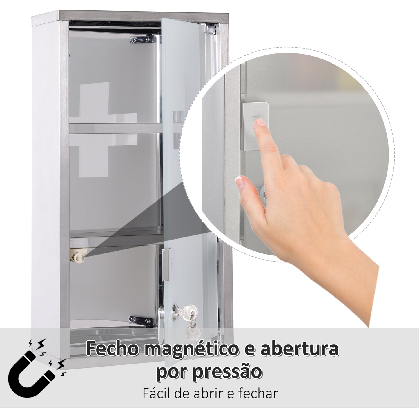 HOMCOM Armário de Medicamentos Armário de Primeiros Socorros de Aço Inoxidável com 3 Prateleiras e Fechadura 25x12x48 cm Prata