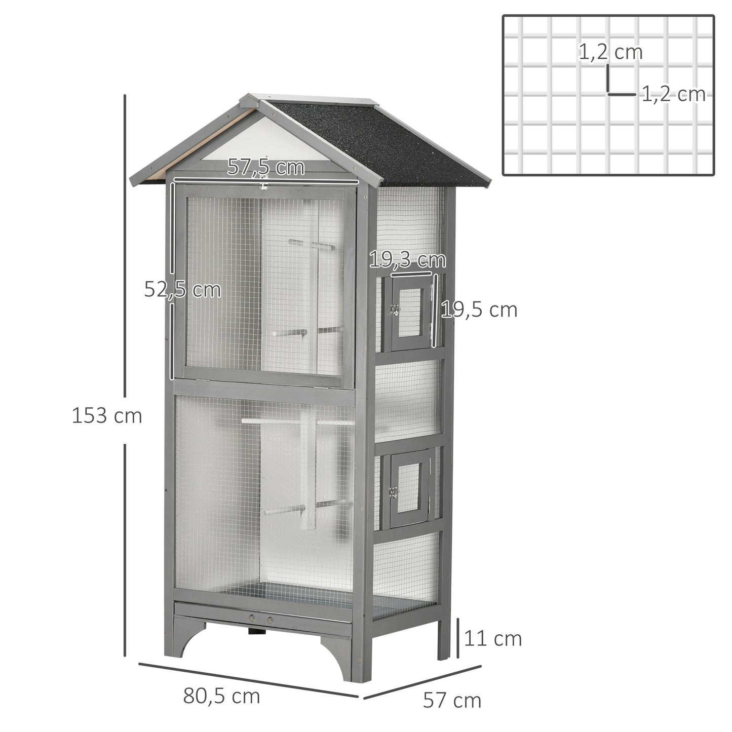 PawHut Gaiola para Pássaros Gaiola para Pássaros de Madeira com 3 Portas 4 Poleiros Bandeja Amovível e Teto Asfáltico 80,5x57x153 cm Cinza Claro