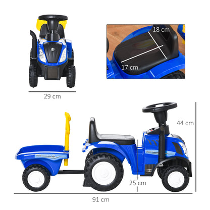 HOMCOM Trator para Crianças de 12-36 Meses com Reboque Removível Carro Andador com Buzina Farol Pá e Ancinho Carga 25kg 91x29x44cm Azul