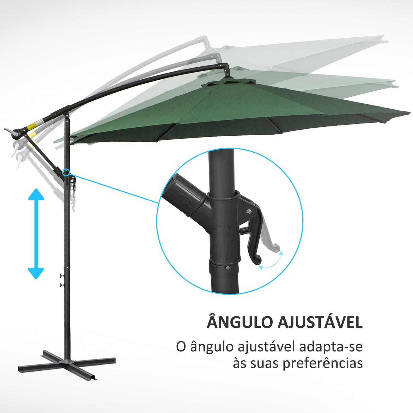 Outsunny Chapéu de Sol de Jardim Ø295x245cm Chapéu de Sol Excêntrico Inclinável com Manivela Base Cruzada Suporte de Aço e Proteção Solar para Terraço Exterior Verde