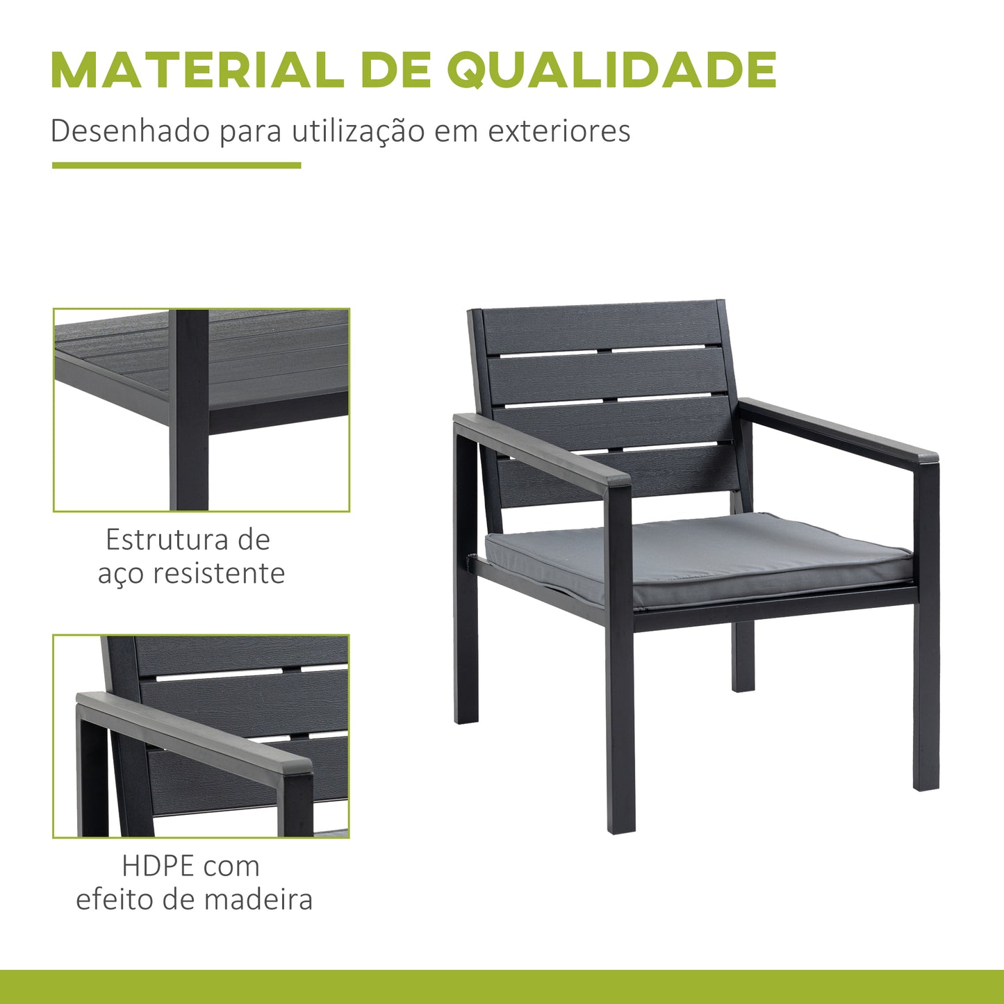 Outsunny Conjunto de Móveis de Jardim 4 Peças Mesa de Centro Banco 2 Lugares e 2 Poltronas com Almofadas Amovíveis e Estrutura de Aço para Terraço Exterior 113x65x78cm Cinza