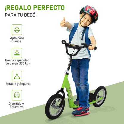 HOMCOM Trotinete para crianças acima de 5 anos Scooter 2 Pneus de borracha inflável com freios Guiador ajustável Plataforma antiderrapante 117x52x80-85cm Verde