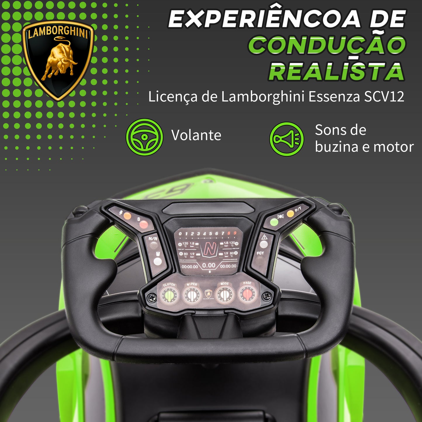 AIYAPLAY 2 em 1 Carro Andador para Crianças 12-36 Meses Lamborghini Essenza SCV2 Carro Andador com Buzina Guiador e Grade de Segurança Removível 86,5x40x89,5cm Verde e Preto