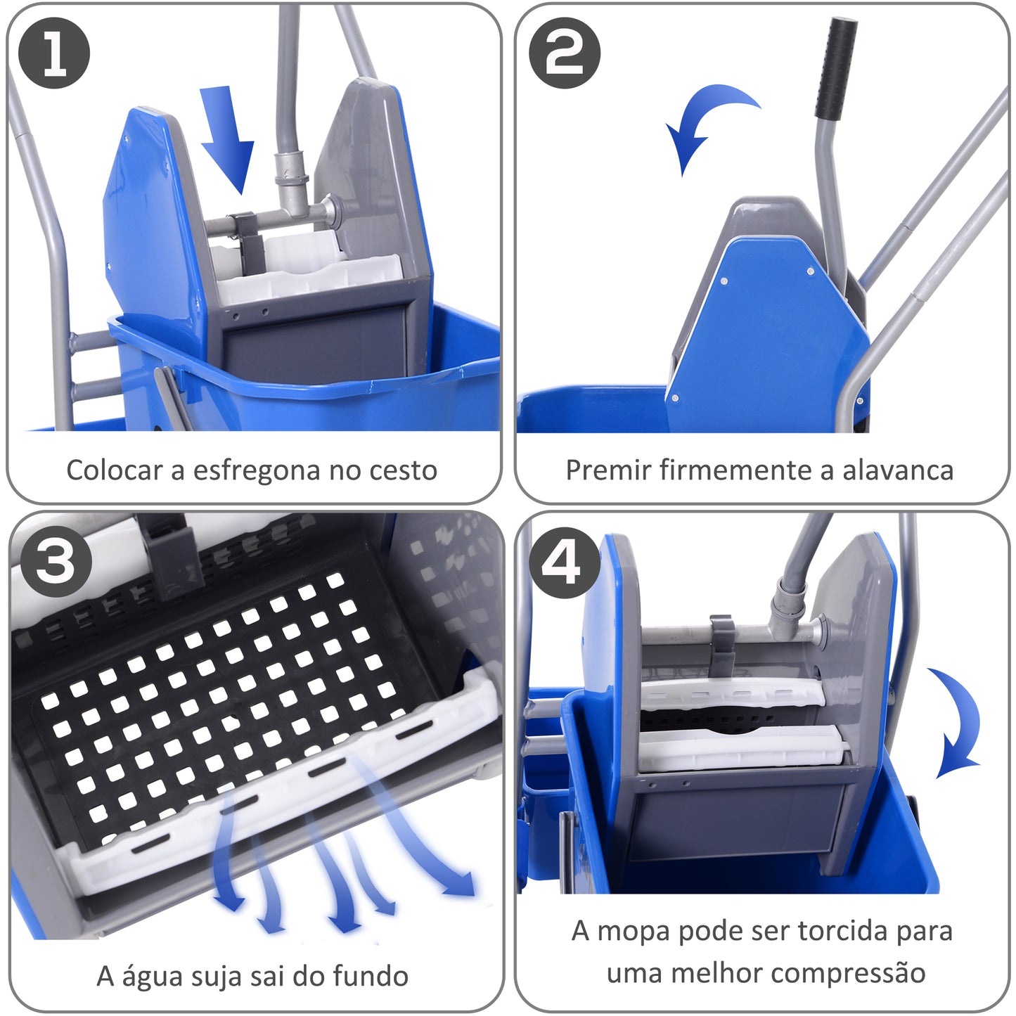 HOMCOM Carro de Limpeza Profissional Balde de Esfregona com Rodas Balde Removível de 25 Litros Espremedor de Pressão Cesto e Cubeta 72x49,5x95 cm Azul