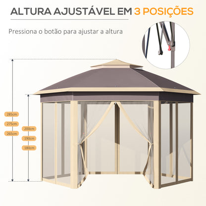 Outsunny Tenda Dobrável 4,05x3,4x2,85 m Tenda de Jardim Hexagonal com Duplo Teto 6 Mosquiteiras Amovíveis Bolsa de Transporte Altura Ajustável e Anti-UV para Festa Pátio Bege