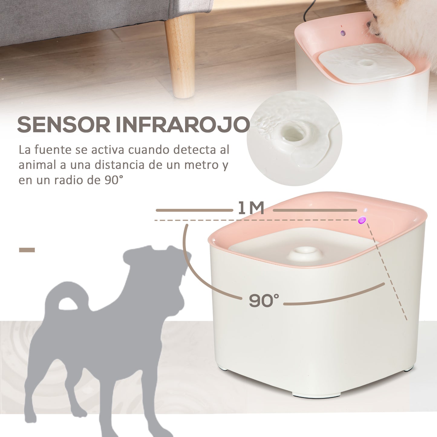 PawHut Dispensador de Água para Gatos 3L Fonte de Água Automática para Cães e Gatos com Sensor Infravermelho 3 Modos e Luz Indicadora LED 21x20x18cm Branco e Rosa