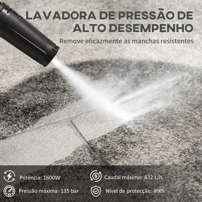 DURHAND Lavadora de Alta Pressão 1600W Caudal 432 L/h Bomba de Alumínio Pressão de 135 Bar Mangueira de 6 m Inclui Garrafas de Sabão Bocal Escova 32x24x65 cm Azul