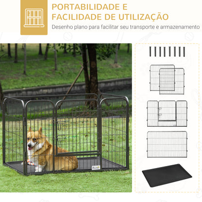 PawHut Barreira de Segurança para Animais de Estimação Parque de Diversão para Animais com 4 Painéis de Aço 109x74x71cm com Porta de Trava Dupla e Bandeja Removível para Exterior Interior Cinza