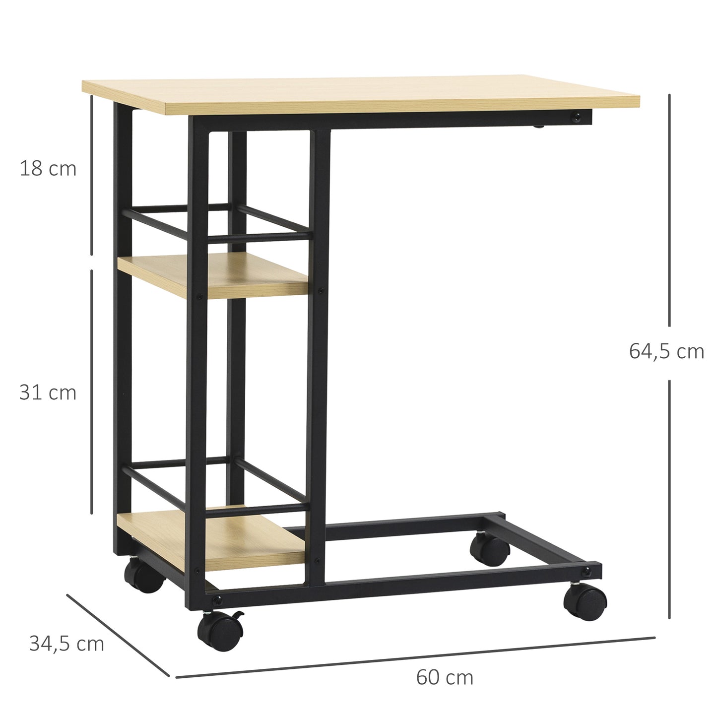 Mesa Auxiliar com Rodas Mesa Lateral em Forma de C para Sofá Cama com 2 Prateleiras e Freios para Dormitório Sala de Estar Estilo Moderno 60x34,5x64,5cm Madeira