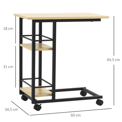 Mesa Auxiliar com Rodas Mesa Lateral em Forma de C para Sofá Cama com 2 Prateleiras e Freios para Dormitório Sala de Estar Estilo Moderno 60x34,5x64,5cm Madeira