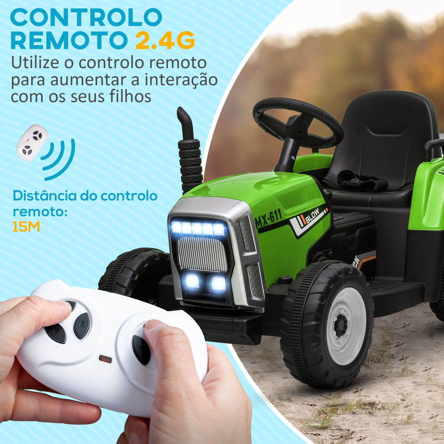 HOMCOM Trator Elétrico com Reboque Amovível Carro Elétrico para Crianças 3-6 Anos com Controlo Remoto Música MP3 Luzes e Cinto de Segurança 136,5x50x52,5 cm Verde