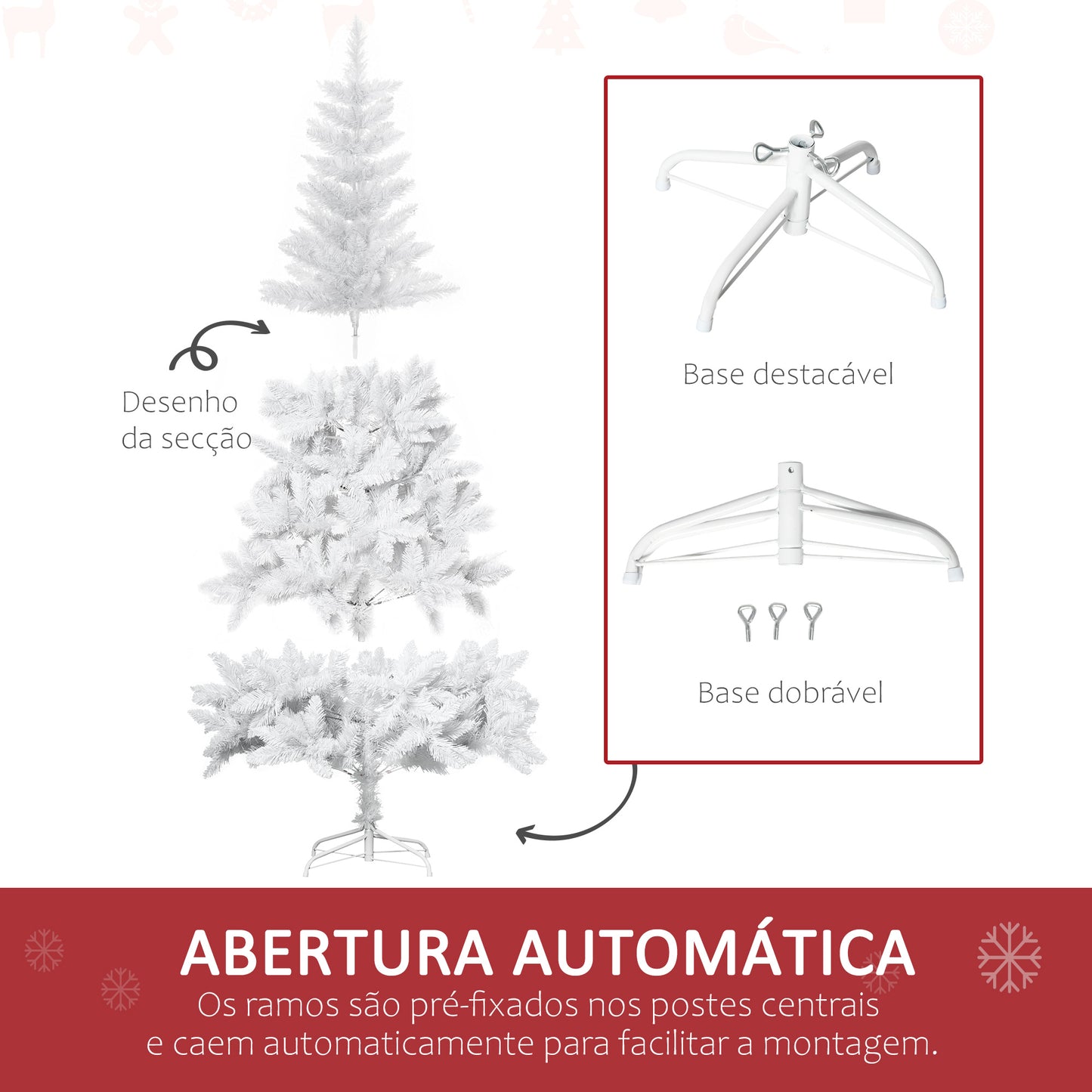 HOMCOM Árvore de Natal Artificial Dobrável 150cm Ignífugo com 358 Ramos Folhas de PVC e Suporte Metálico Decoração de Natal para Interiores Branco