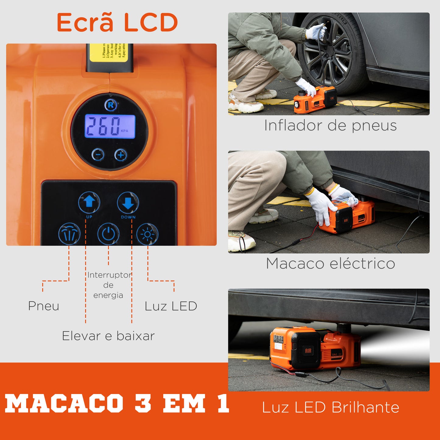 DURHAND Kit de Macaco Elétrico para Carro 12V Macaco Elétrico para até 5 Toneladas de 15,5x45cm com Reparação para Pneus Luz LED e Inflador para Carro SUV Sedan 36x33x16cm Laranja