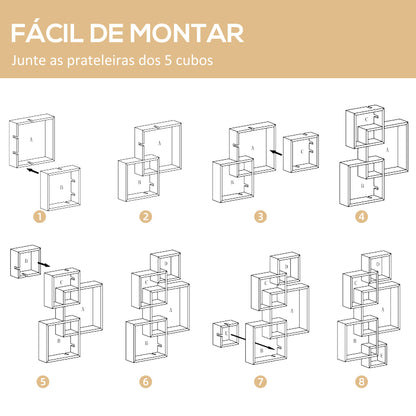 HOMCOM Estante de Parede com 5 Cubos Estante Flutuante de Madeira para Sala de Estar Dormitório Entrada Estúdio Estilo Moderno 49,5x10,2x86cm Branco